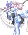 anthro big_breasts breasts cherry_blossom curtains female flower green_eyes hair looking_at_viewer plant prunus_(flower) purple_hair simple_background solo thick_thighs white_background ketzel99 rigel_(1stsavagery) carpet_shark fish marine shark whale_shark absurd_res hi_res