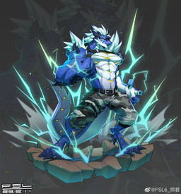 abs anthro arm_spikes barefoot belt black_spikes blue_body blue_scales bottomwear camo camo_bottomwear camo_clothing camo_pants camo_print clothed clothing countershading elbow_spikes electricity feet fist hair harness horn lightning looking_at_viewer male markings muscular muscular_anthro muscular_male pants pattern_bottomwear pattern_clothing pattern_pants pecs pupils scales shoulder_spikes slit_pupils solo spikes spikes_(anatomy) tail thigh_belt topless topless_anthro topless_male white_body white_hair yellow_eyes yellow_markings fansl mythology dragon mythological_creature mythological_scalie scalie wingless_dragon 2023 absurd_res dated digital_media_(artwork) hi_res signature