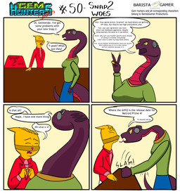 angry anthro bottomwear clothing cochlear_implant_processor countertop deaf denim denim_bottomwear denim_clothing dialogue duo female jeans male nervous pants sign suit text topwear baristagamerproductions ada_(gem_hunters) ailurid mammal red_panda reptile scalie snake absurd_res comic english_text hi_res