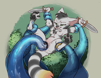 abdominal_bulge anthro blue_tentacles breasts consentacles dagger double_penetration dual_wielding female fur green_eyes grey_body grey_fur holding_object holding_weapon melee_weapon nipples nude pawpads penetration sex solo suspension tentacle_sex tentacles translucent translucent_tentacles vaginal vaginal_penetration weapon reign-2004 salessi felid mammal monster 2017 absurd_res digital_media_(artwork) hi_res shaded