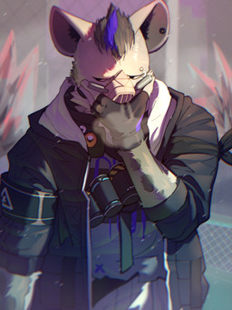 anthro bandolier bottomwear clothed clothing ear_piercing eyebrow_piercing facial_piercing fingerless_gloves fur gas_mask gloves grey_body hair handwear looking_away male markings mask multicolored_hair open_clothing pants piercing shirt solo spots spotted_body t-shirt topwear two_tone_hair mangomola arknights hypergryph studio_montagne spot_(arknights) hyena mammal spotted_hyena 2026 3:4 hi_res
