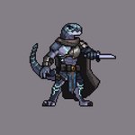 armor blue_eyes bottomwear cloak clothing dagger loincloth melee_weapon solo weapon latencyknight overlord_(series) crius_(offline_user) lizardman lizardman_(overlord) reptile scalie 1:1 digital_media_(artwork) pixel_(artwork)