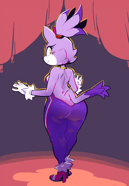 5_fingers anthro back_boob bare_back bare_shoulders big_butt breasts bubble_butt butt butt_cleavage cheek_tuft cleavage clothed clothing countershade_face countershading curvy_figure eyelashes facial_tuft female fingers footwear fur gloves hair handwear high_heels looking_at_viewer looking_back neck_ring ponytail purple_body purple_fur rear_view shoes side_boob small_breasts solo stage stage_curtains standing tight_clothing tuft white_body white_clothing white_fur white_gloves white_handwear yellow_eyes mangneto sega sonic_the_hedgehog_(series) blaze_the_cat domestic_cat felid feline felis mammal 2015 digital_media_(artwork) full-length_portrait hi_res portrait