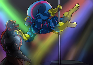 abs anthro areola beard biceps big_muscles clothing dancing duo ear_piercing facial_hair fur hair hairy huge_muscles humanoid_hands hyper hyper_muscles male male/male multicolored_body multicolored_fur muscular muscular_male nipple_piercing nipples open_mouth pecs piercing pole pole_dancing simple_background smile standing strip_club stripper stripper_pole teasing underwear dantethebeast bear hybrid mammal mephitid mustelid otter skunk 2017 absurd_res digital_media_(artwork) hi_res