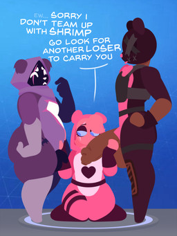 ambiguous_gender anthro bulletproof_vest clothing comparing crossgender cuckold dark_body dark_skin disgust ftm_crossgender fur genitals group hooded humiliation infidelity kneeling male onesie penis penis_humiliation pink_clothing purple_body purple_fur size_shaming small_penis small_penis_humiliation text trio hailey_png epic_games fortnite lust_(hailey_png) raven_team_leader snuggs_(fortnite) bear humanoid mammal 3:4 english_text hi_res