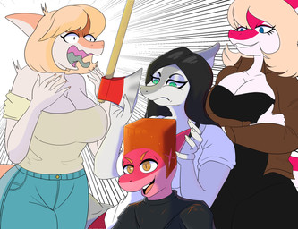 5_fingers abstract_background anthro axe big_breasts black_clothing black_dress black_eyes black_hair blonde_hair blue_eyes bone_frill bottomwear breasts brown_clothing brown_jacket brown_topwear cleavage clothed clothing crossed_arms denim denim_bottomwear denim_clothing dress eyelashes female fingers frill_(anatomy) grey_body grey_scales group hair haircut jacket jeans long_hair long_tail magenta_body magenta_scales male multicolored_body multicolored_scales off_shoulder open_mouth open_smile orange_body orange_hair orange_scales pants personal_grooming pink_body pink_scales scales smile snout styling_hair tail teal_eyes topwear two_tone_body two_tone_scales white_body white_scales yellow_eyes arsenic_iii sincabeza cavemanon_studios goodbye_volcano_high i_wani_hug_that_gator ko_op_(game_developer) low_taper_fade_(meme) snoot_game fan_character mia_moretti naomi_(gvh) tommy_(snoot_game) dinosaur hadrosaurid ornithischian ornithopod parasaurolophus prehistoric_species reptile scalie 2024 digital_drawing_(artwork) digital_media_(artwork) hi_res aunt_(lore) aunt_and_nephew_(lore) mother_(lore) mother_and_child_(lore) mother_and_son_(lore) nephew_(lore) parent_(lore) parent_and_child_(lore) parent_and_son_(lore) sibling_(lore) sister_(lore) sisters_(lore) son_(lore)