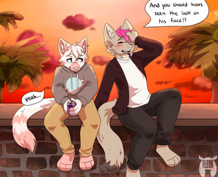 anthro band-aid bandage biped black_tail blush bottomwear cheek_tuft clothed clothing cloud dialogue dipstick_tail duo facepalm facial_tuft fur grey_body grey_ears grey_fur grey_tail hair hoodie inner_ear_fluff male markings orange_sky outside palm_tree pants pink_hair pink_nose plant red_body red_ears red_fur red_tail shirt sitting sitting_on_wall sky speech_bubble sunset t-shirt tail tail_markings text topwear tree tuft white_body white_ears white_fur white_hair white_inner_ear white_nose white_tail fleurfurr cam_(fleurfurr) edgar_(fleurfurr) domestic_cat felid feline felis mammal 2019 cel_shading digital_drawing_(artwork) digital_media_(artwork) english_text shaded watermark