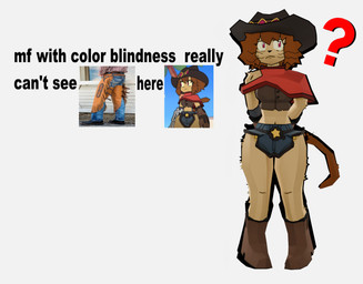 anthro breasts capelet chaps clothing confusion cowgirl_boots curvy_figure female hands_behind_back hourglass_figure magenta_eyes medium_breasts navel question_mark real solo text whiskers kortik gameoverse glitch_productions kit_bodega domestic_cat felid feline felis mammal english_text official_art