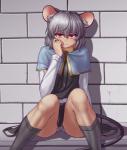 bottomwear capelet clothed clothing female footwear grey_hair hair inner_ear_fluff jewelry legwear panties panty_shot pendant red_eyes shirt short_hair sitting skirt smile socks solo topwear tuft underwear upskirt hater_(hatater) touhou nazrin animal_humanoid humanoid mammal mammal_humanoid mouse_humanoid murid murid_humanoid murine murine_humanoid rodent rodent_humanoid hi_res