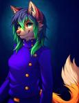 anthro blue_hair clothing female fur green_eyes green_hair hair looking_at_viewer minion_uniform multicolored_hair orange_body orange_fur pink_nose purple_clothing solo tail two_tone_hair uniform falvie isla_aukate socks-the-fox canid canine fox mammal 2014 digital_media_(artwork)