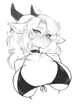 anthro big_breasts bikini blush bra breasts choker clothing collarbone ear_piercing ear_ring eyelashes female front_view hair hair_over_eye hands_behind_back horn jewelry long_hair looking_at_viewer necklace non-mammal_breasts non-mammal_hair open_mouth piercing ring_piercing simple_background solo string_bikini swimwear triangle_bikini two-piece_swimsuit underwear juppi mythology dragon mythological_creature mythological_scalie scalie 2026 bust_portrait hi_res monochrome portrait