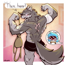 anthro back_muscles biceps blush clothed clothing duo female flexing heart_eyes heart_symbol male muscular muscular_female scar text topless zixzs-redlight fototeta avian bird canid canine canis mammal wolf english_text hi_res