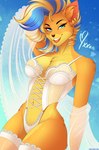 anthro arm_tuft bedroom_eyes blonde_hair blue_eyes blue_hair breasts chest_tuft clothing collarbone ear_piercing ear_ring eyebrows eyelashes female fur hair hand_on_neck inner_ear_fluff legwear lingerie looking_at_viewer narrowed_eyes navel orange_body orange_fur piercing ring_piercing seductive shoulder_tuft smile solo stockings tuft white_clothing white_lingerie yellow_body yellow_fur chaiteakitten activision crash_bandicoot_(series) pirate_tawna bandicoot mammal marsupial 2024 absurd_res hi_res