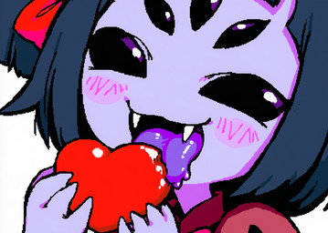 ambiguous_gender black_hair black_sclera blush bodily_fluids clothing drooling duo fangs female female/ambiguous hair holding_heart holding_soul imminent_vore licking licking_another multi_eye purple_body purple_skin purple_tongue red_clothing red_hair_bow red_heart red_shirt red_topwear saliva shirt soul teeth tongue topwear anonymous_artist undertale undertale_(series) muffet animal_humanoid arachnid arachnid_humanoid arthropod arthropod_humanoid humanoid soul_(undertale) spider_humanoid
