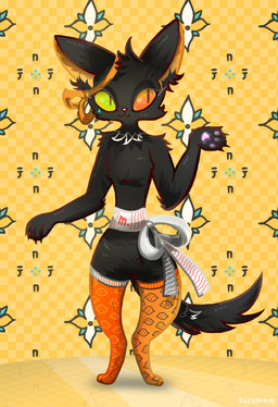 abstract_background anthro black_body black_fur clothed clothed_female clothing female flower fur green_sclera heterochromia orange_sclera plant ribbons smile solo naircat domestic_cat felid feline felis mammal 2015 digital_drawing_(artwork) digital_media_(artwork) full-length_portrait portrait