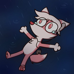 anthro bodily_fluids electronics fur hair male paws pink_body pink_eyes portable_music_player raining sad solo tears white_body white_fur white_hair arturfox canid canine fox mammal 1:1