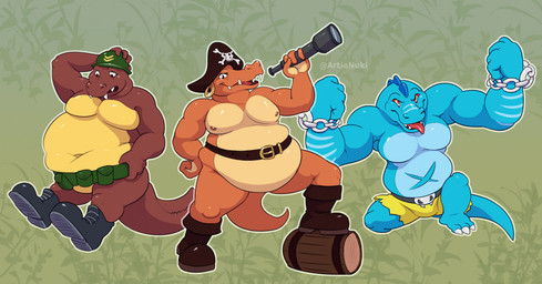anthro barrel belly belt big_belly blue_body blue_scales boots brown_body brown_scales clothed clothing ear_piercing ear_ring footwear group male moobs mostly_nude mostly_nude_anthro musclegut muscular navel nipples null overweight overweight_anthro overweight_male partially_clothed piercing pirate pirate_hat ring_piercing scales shoes snaggle_teeth tail telescope trio the-b3ing donkey_kong_(series) donkey_kong_country_(tv_series) nintendo kaptain_skurvy kludge klump crocodile crocodilian kremling reptile scalie 2021 colored digital_drawing_(artwork) digital_media_(artwork)