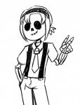 accessory anterior_nasal_aperture bone crossgender gesture hair_accessory hairband hand_gesture male monster_girl_(genre) necktie not_furry skeleton smile solo suspenders v_sign anaugi monster_girl_gamu skelly animated_skeleton humanoid undead black_and_white hi_res line_art monochrome