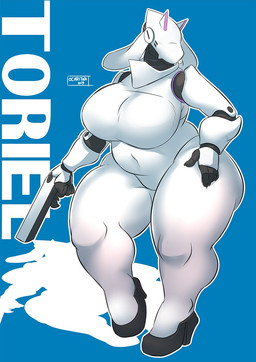 anthro big_breasts breasts clothed clothing cosplay curvy_figure cybernetics female gun machine ranged_weapon slightly_chubby solo text thick_thighs voluptuous weapon white_body white_skin wide_hipped_female wide_hips ocaritna haydee_(game) undertale undertale_(series) haydee haydriel toriel android boss_monster_(undertale) bovid caprine cyborg mammal robot robot_anthro crossover hi_res signature