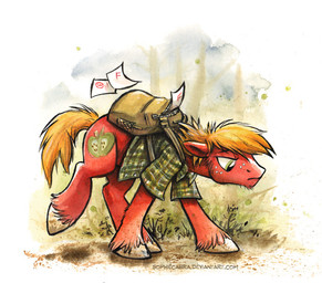 backpack bag blonde_hair clothing cutie_mark facial_hair feral grass hair looking_down male paper plant sad shirt solo topwear upset walking kenket sophiecabra friendship_is_magic hasbro my_little_pony big_macintosh_(mlp) earth_pony equid equine horse mammal pony 2014 full-length_portrait portrait traditional_media_(artwork)