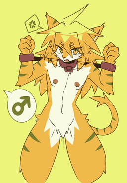 angry anthro bodily_fluids breasts casual_nudity collar cross-popping_vein crotch_tuft cuff_(restraint) female flat_chested fur gender_symbol male_symbol nipples restraints simple_background solo sweat sweatdrop symbol tuft yellow_body yellow_eyes yellow_fur kiukiu mythology alexia_(kiukiu) canid mammal qilin(chinese_mythology) hi_res