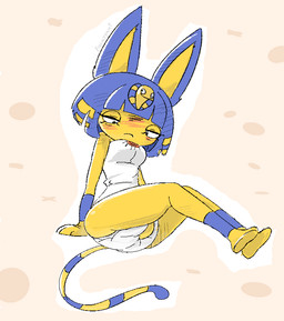 anthro blue_hair blush clean_diaper clothed clothing diaper diaper_masturbation female full-face_blush hair hand_on_diaper lidded_eyes markings pantsless pantsless_female sitting solo striped_markings striped_tail stripes tail tail_markings touching_diaper uraeus wearing_diaper yellow_body floomygami animal_crossing nintendo ankha_(animal_crossing) domestic_cat felid feline felis mammal 2025