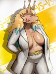 anthro belly belt big_breasts blonde_hair blue_eyes breasts clothed clothing exposed_chest female flare_pants fur hair huge_breasts long_hair looking_at_viewer markings no_bra partially_exposed_breasts side_boob solo spots spotted_body spotted_fur suit suit_jacket fluffyyutyrannus the_art_class benedetta_versus felid feline lynx mammal 2025 3:4 absurd_res digital_media_(artwork) hi_res