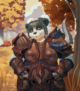 amber_eyes anthro armor black_hair braided_hair breasts day female forest front_view grass hair hand_on_hip looking_at_viewer outside plant shrub smile solo tree shadoca blizzard_entertainment warcraft bear mammal pandaren 2025 digital_media_(artwork) hi_res