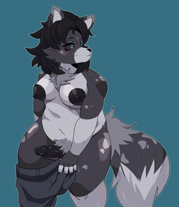 animal_genitalia animal_penis anthro areola balls bangs belly big_areola black_areola black_hair black_nipples black_sclera bottomwear breasts canine_genitalia canine_penis casual_nudity chest_tuft clothing crotch_tuft eyelashes fluffy fluffy_tail fur genitals grey_body grey_fur gynomorph hair intersex looking_away nipples penis putting_on_clothes shorts slightly_chubby slightly_chubby_intersex solo spots tail thick_thighs tuft white_body white_fur eternalkyodai lilithdog canid canine canis mammal wolf absurd_res hi_res