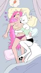 :o anthro bed bedroom belly big_breasts black_clothing black_nose black_underwear blue_clothing blush blush_lines bodily_fluids bra breasts clothing cuddling curled_hair dream drooling duo eyes_closed female female/female fluffy fluffy_hair fur furniture green_clothing hair hair_over_eye hug long_hair multicolored_hair navel on_bed one_eye_obstructed open_mouth orange_body orange_ears orange_fur pawpads paws pillow pink_clothing pink_hair pink_underwear saliva simple_background sleeping slightly_chubby smile sound_effects spread_legs spreading tan_belly thick_thighs two_tone_hair underwear vowelless vowelless_sound_effect white_background white_body white_fur white_hair yellow_clothing zzz puppkittyfan1 magna_(puppkittyfan1) tammy_(puppkittyfan1) canid canine mammal 2021 9:16 digital_media_(artwork) hi_res unavailable_at_source trans_(lore) trans_woman_(lore)