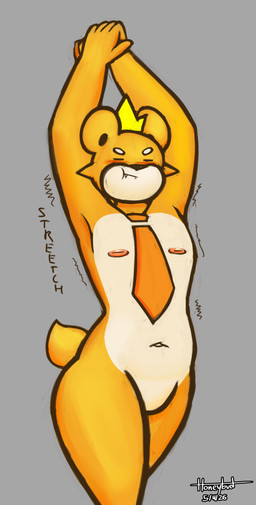 accessory anthro blush crown eyes_closed featureless_crotch fur glistening glistening_nipples hands_above_head headgear male navel necktie nipples orange_necktie solo stretching wide_hips yellow_body yellow_crown yellow_fur honeybud pixile_studios super_animal_royale fan_character twinkie_(honeybud) bear mammal super_bear_(sar) super_yellow_bear_(sar) absurd_res hi_res