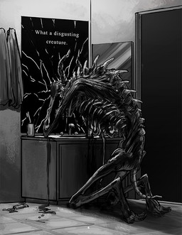anthro bathroom blood bodily_fluids bone broken_glass broken_mirror brush disgust exposed_bone exposed_flesh glass gore guts horn inner_monologue inside intestines kneeling looking_at_mirror looking_at_object male mirror organs plot_twist realization rotting scared self_hatred sink skull skull_head solo sweat text thinking toothbrush towel leslekieuart american_mythology indigenous_north_american_mythology mythology north_american_mythology monster skinwalker undead wendigo zombie comic english_text monochrome