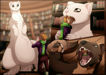ambiguous_feral ambiguous_gender black_border black_nose bodily_fluids book bookshelf border bottomwear brown_bottomwear brown_clothing brown_hair brown_pants claws clothed clothing duo extreme_size_difference fangs featureless_crotch feet feral feral_pred foot_fetish fully_clothed fur furniture green_scarf hair hindpaw human_prey larger_ambiguous larger_feral male male_human micro open_mouth oral_vore pants pattern_clothing pattern_scarf pawpads paws pink_nose pink_pawpads purple_clothing purple_shirt purple_topwear saliva saliva_string scarf semi-anthro shirt size_difference smaller_human smaller_male striped_clothing striped_scarf stripes tail teeth toe_claws tongue topwear vore whiskers white_body white_claws white_fur incredibleediblecalico his_dark_materials koda_(ermine) pantalaimon daemon_(his_dark_materials) gulonine human mammal marten mustelid musteline pine_marten stoat true_musteline weasel 2020 digital_drawing_(artwork) digital_media_(artwork) hi_res shaded