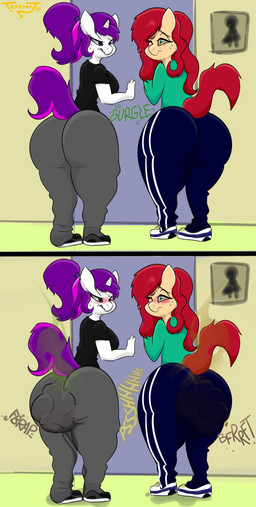 anthro bathroom blush blush_lines bodily_fluids clothed clothing door duo fart fart_cloud fart_fetish feces female fur hair horn onomatopoeia ponytail purple_hair red_hair shirt soiling soiling_bottomwear sound_effects sweat sweater text topwear white_body white_fur yellow_body yellow_fur teasyrat hasbro my_little_pony mythology fan_character earth_pony equid equine horse mammal mythological_creature mythological_equine pony unicorn comic hi_res