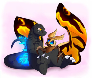 amber_eyes duo open_mouth teeth tongue wings plaguedogs123 godzilla_(series) monsterverse mothra_(series) toho godzilla mothra arthropod insect kaiju lepidopteran moth 2019 absurd_res digital_media_(artwork) hi_res