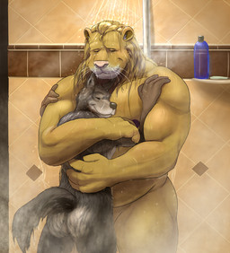 anthro belly biceps black_nose blonde_hair bottle brown_body brown_fur butt container cuddling duo eyes_closed fur grey_body grey_fur hair happy hug inside intimate larger_male male male/male mane musclegut muscular nipples nude pecs pink_nose rear_view romantic romantic_couple shower size_difference smaller_male smile standing steam tile tile_wall wall_(structure) water wet wet_body wet_fur wet_hair whiskers yellow_body yellow_fur gator_(artist) canid canine canis coyote felid lion mammal pantherine 2016 digital_media_(artwork)