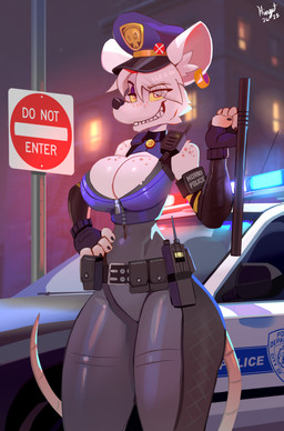 5_fingers anthro big_breasts black_nose breasts car clothed clothed_anthro clothed_female clothing club_(weapon) female fingers freckles fur grin hair hat headgear headwear humanoid_hands melee_weapon navel nightstick police police_car police_officer police_uniform police_vehicle smile solo tail teeth uniform vehicle weapon white_body white_fur white_hair hinget officer_flint_(foresttherotten) mammal murid murine rat rodent 2025 absurd_res digital_media_(artwork) hi_res