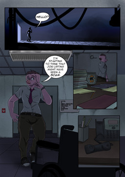 abandoned_building accessory anthro bulge clothed clothed_anthro clothed_male clothing comic_panel curvy_figure dialogue hourglass_figure laboratory long_pants male necktie short_sleeved_shirt solo speech_bubble text wide_hips alphasabre valentino_(alphasabre) domestic_pig mammal suid suine sus_(pig) comic english_text hi_res story