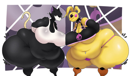anthro belly big_belly big_breasts big_butt black_body bottomwear breasts butt clothing duo female huge_belly huge_breasts huge_butt machine overweight overweight_female pants shirt thick_thighs thong topwear underwear yellow_body crowundeadcat five_nights_at_freddy's five_nights_at_freddy's_2 scottgames miss_crow toy_chica_(fnaf) animatronic avian bird chicken domestic_cat felid feline felis galliform mammal phasianid robot hi_res