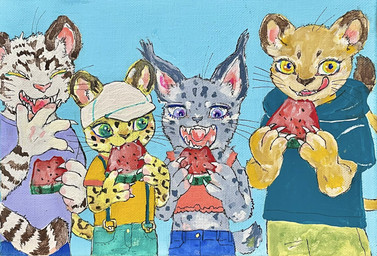 ambiguous_gender anthro clothed clothing eating female food fruit fur green_eyes group leucistic markings melon plant spots spotted_body teeth tongue tongue_out topwear watermelon yellow_eyes young young_anthro kyokyota cheetah felid feline lion lynx mammal pantherine tiger 2022 hi_res traditional_media_(artwork)