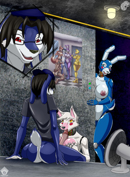 anthro balls beak blue_eyes blush bottomless bow_(feature) bow_tie breasts butt clothed clothing crossgender electric_fan erection eye_patch eyewear female genitals glasses group hat headgear headwear humanoid_genitalia humanoid_penis machine male nude open_mouth penis poster red_eyes shirt topwear vulva wire yellow_eyes libra-11 five_nights_at_freddy's five_nights_at_freddy's_2 scottgames sister_location adrian_crescent_(moonlight-trance) bonnie_(fnaf) chica_(fnaf) classic_chica_(fnaf) foxy_(fnaf) funtime_foxy_(fnaf) toy_bonnie_(fnaf) android animatronic avian bird canid canine chicken fox galliform lagomorph leporid mammal phasianid rabbit robot 2016 digital_media_(artwork) e621_post_recursion hi_res