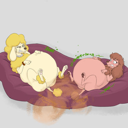 abdominal_bulge accessory anal anal_vore anus belly belly_rub digestion digestion_noises duo fart fart_cloud fart_fetish female female/female feral gassy lying on_back oral_vore pawpads paws soft_vore speech_bubble vore ashantihyena britni_pike diana_litta_(ashanti) canid canine canis domestic_dog mammal poodle 1:1 absurd_res hi_res