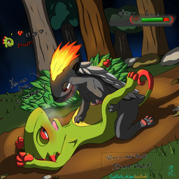 2_penises 3_toes animal_genitalia animal_penis anthro anthro_on_anthro blush bodily_fluids claws detailed_background duo erection feet feral fire forest from_front_position gameplay_mechanics gender_symbol genital_fluids genitals gui health_bar hemipenes interspecies leaking lying male male/male male_symbol missionary_position multi_genitalia multi_penis on_back open_mouth outside pawpads paws penis plant pokephilia precum semi-anthro sex steam symbol text toes tree asbel_lhant conditional_dnp fakemon nintendo playtonic_games pokemon yooka-laylee fan_character six~ yooka chameleon generation_1_pokemon generation_2_pokemon hybrid lizard pokemon_(species) quilava reptile sandslash scalie 1:1 2015 absurd_res crossover hi_res