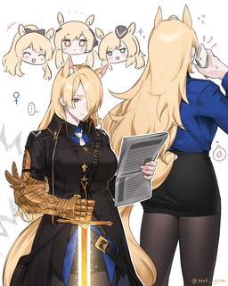 armor big_breasts black_bottomwear black_clothing black_skirt black_topwear blonde_hair blue_clothing blue_eyes blue_topwear bottomwear breasts clothing crossgender electronics female front_view gauntlets gloves group hair handwear hat headgear headwear holding_melee_weapon holding_newspaper holding_object holding_phone holding_sword holding_weapon legwear looking_down melee_weapon mtf_crossgender necktie newspaper pantyhose phone reading_newspaper rear_view simple_background skirt smile sword tail topwear weapon white_background yellow_eyes svet_yomi arknights hypergryph studio_montagne blemishine_(arknights) mlynar_(arknights) nearl_(arknights) whislash_(arknights) animal_humanoid equid equid_humanoid equine equine_humanoid horse_humanoid humanoid mammal mammal_humanoid 2023 4:5 absurd_res digital_media_(artwork) hi_res