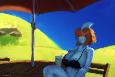 anthro big_breasts biped black_bikini_top blue_body blue_scales breasts chair clothed clothed_anthro clothed_female clothing container cup day female fin fingers furniture grass hair hair_over_eyes hand_on_shoulder huge_breasts humanoid_hands looking_at_viewer medium_hair non-mammal_breasts orange_hair outside plant scales side_boob sitting skimpy sky smile solo table text three-quarter_view umbrella sharkidly betta_(sharkidly) fish marine shark 2025 artist_name shaded