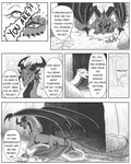 4:5 black_and_white claws comic comic_panel dialogue dragon dreadnought_(nuree_art) duo english_text european_mythology female feral forest hi_res horn leaf line_art male monochrome mythological_creature mythological_scalie mythology nature nuree_art outside plant reevah_(nuree_art) rock sad scalie scared sketch smile speech_bubble spikes tail text tree western_dragon wings wood