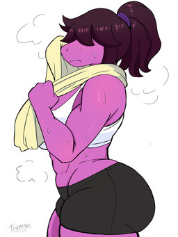 abs anthro big_breasts big_butt bodily_fluids bottomwear breasts butt clothing female freckles hair hair_over_eyes huge_breasts muscular muscular_anthro muscular_female non-mammal_breasts shorts simple_background solo spandex spandex_shorts sweat thick_thighs tight_bottomwear tight_clothing tight_shorts tomboy training white_background tawman_art deltarune undertale_(series) susie_(deltarune) scalie 3:4 absurd_res hi_res