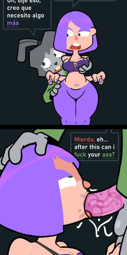 4_fingers anthro anthro_penetrating anthro_penetrating_female anthro_penetrating_human balls big_breasts big_penis black_background black_eyes black_nose bodily_fluids bottomless bottomless_anthro bottomless_male breast_grab breasts buckteeth cleavage clothed clothed_female clothed_human clothed_sex clothing colored_nails dialogue dripping duo ellipsis eyeshadow fellatio female female_human female_on_anthro female_penetrated fingernails fingers fur genitals glistening glistening_balls glistening_genitalia glistening_tongue green_clothing green_text green_topwear grey_balls grey_body grey_ears grey_fur grey_hair hair half-closed_eyes hand_on_another's_head hand_on_another's_thigh hand_on_breast hand_on_head hand_on_leg hand_on_thigh highlights_(coloring) holding_breast human_on_anthro human_penetrated humanoid_nose interspecies looking_aside looking_at_another makeup male male/female male_anthro male_on_human male_penetrating male_penetrating_female male_penetrating_human nails narrowed_eyes navel navel_piercing open_mouth oral oral_penetration outline_speech_bubble penetration penile penis penis_in_mouth piercing purple_eyeshadow purple_fingernails purple_hair purple_nails purple_text question_mark rectangular_speech_bubble red_text red_tongue saliva saliva_drip saliva_on_chin saliva_on_penis sex simple_background speech_bubble standing talking_to_another tan_body tan_breasts tan_nose tan_skin teeth text thick_thighs tongue tongue_out tongue_out_fellatio topwear triangle_nose vein veiny_penis white_sclera white_text wide_hipped_female wide_hipped_human wide_hips bav duolingo lily_(duolingo) vab_(bav) human lagomorph leporid mammal rabbit 2025 english_text hi_res spanish_text translated