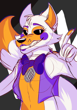 5_fingers anthro black_sclera bow_tie breasts claws clothing eyebrows female fingers fur lipstick machine makeup orange_body orange_fur orange_inner_ear orange_pawpads pawpads purple_cheeks purple_claws solo speaker white_body white_eyes white_fur ebony-hybrid249 five_nights_at_freddy's five_nights_at_freddy's_world scottgames sister_location lolbit_(fnaf) animatronic canid canine fox mammal robot 2020 colored_sketch hi_res sketch