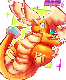1_horn anthro belly big_tail big_wings blue_eyes blue_wings border claws female green_background head_wings horn open_mouth open_smile orange_body pawpads paws simple_background slightly_chubby slightly_chubby_anthro slightly_chubby_female small_wings smile solo sparkles tail tail_orb tan_body text thick_tail tongue unusual_wing_placement white_background white_border wings felipotyphlosion mythology nintendo pokemon dragon dragonite generation_1_pokemon generation_9_pokemon mega_dragonite mega_evolution mythological_creature mythological_scalie pokemon_(species) scalie hi_res